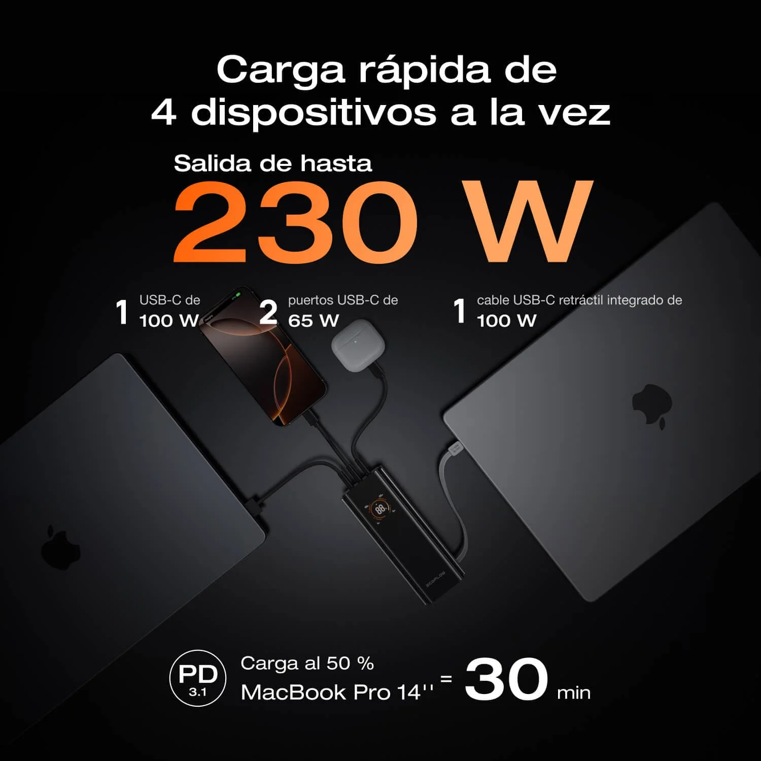 Banco de energía EcoFlow RAPID Pro (20 000 mAh, 230 W, cable integrado de 100 W) - Image 4