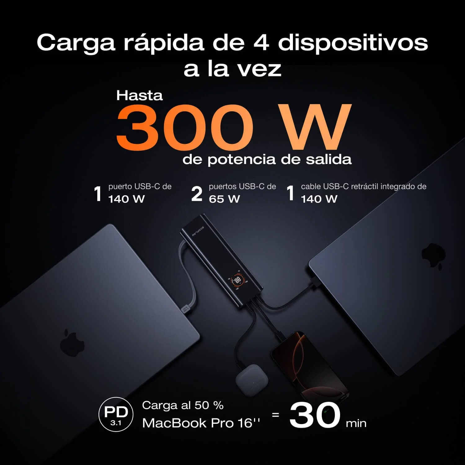 Banco de energía EcoFlow RAPID Pro (27 650 mAh, 300 W, cable integrado de 140 W) - Image 4